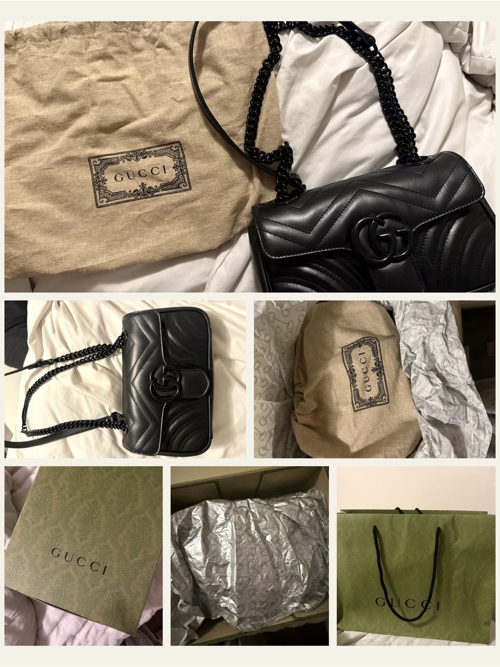 Gucci Black Matelassรฉ Chevron Leather Crossbody Bag with Chain Strap